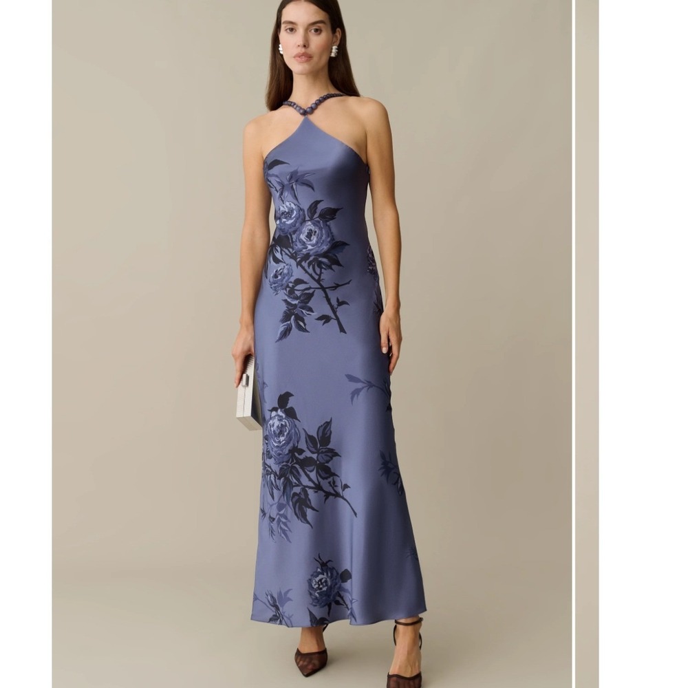 Few moda o.p.t Auli Silk Dress Sz 4 Blue Floral Beaded Halter Maxi Gown New